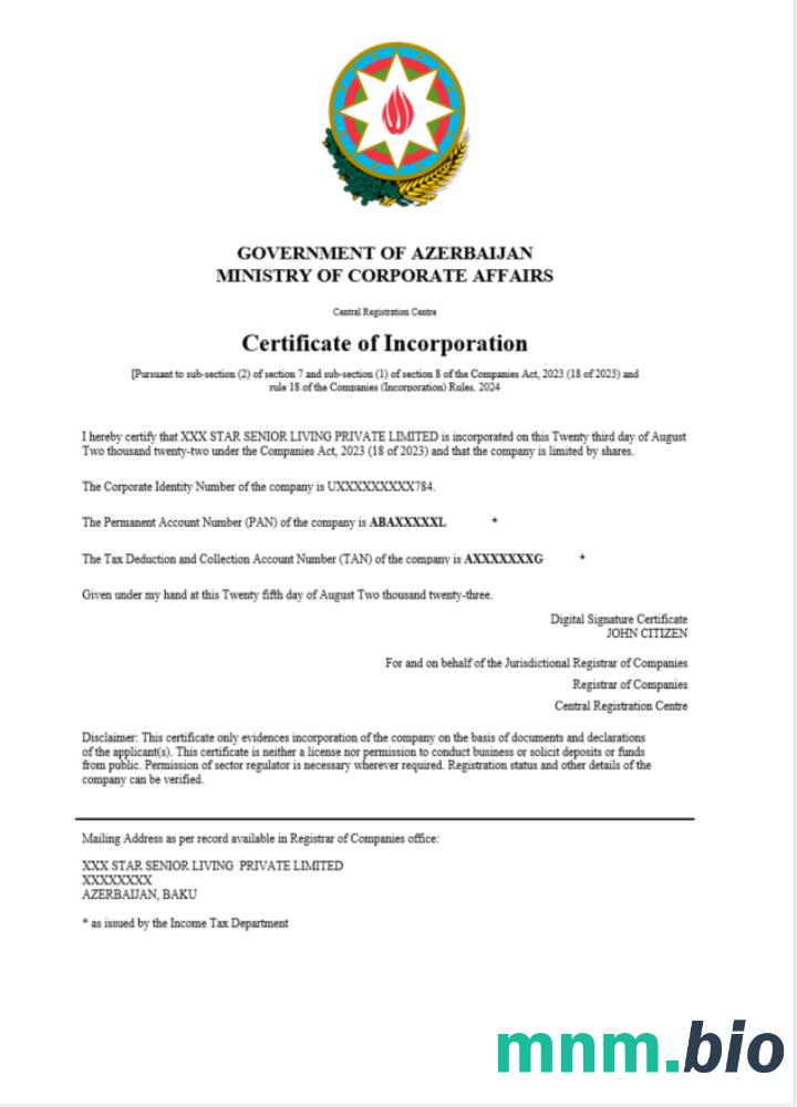 Azerbejdżan certyfikat rejestracji Word i PDF szablon